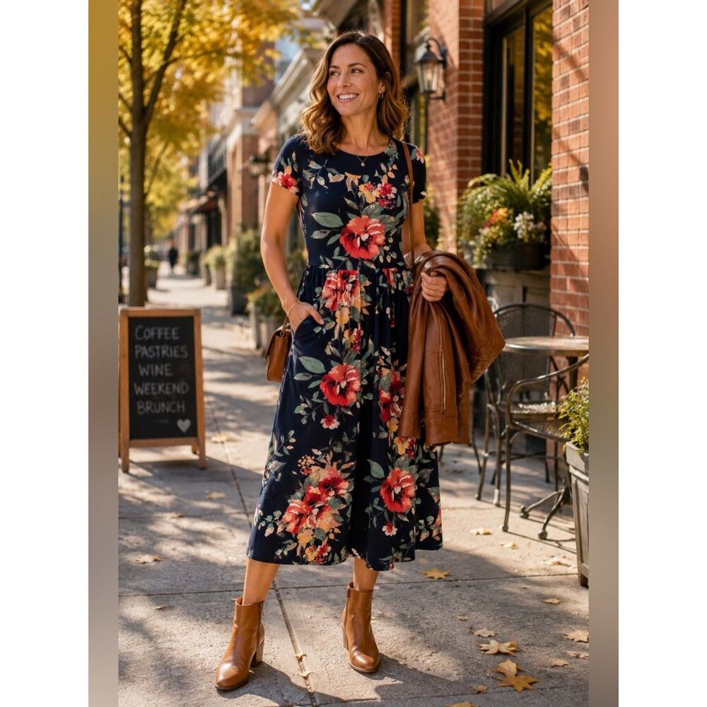 Navy Floral Midi Dress fairy botanical whimsigoth Short Sleeves
